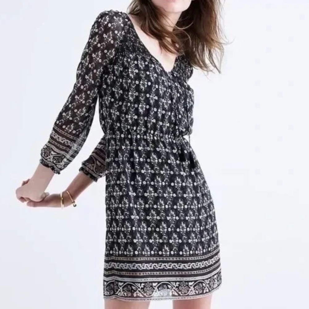 Madewell Woodland Artisan Floral Black Long Sleeve Tassel Tie Boho Dress Size 8